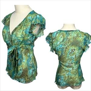 Y2K Womens Sheer Babydoll Fairy Top S Wrap Tie Flutter Sleeve Whimsical Forest